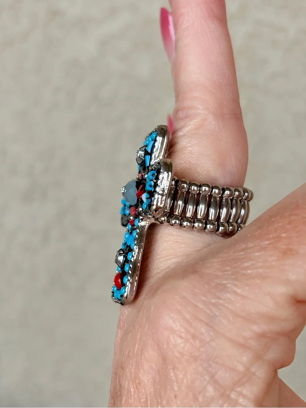 Statement Turquoise & Red Cross Ring - Women Jewelry